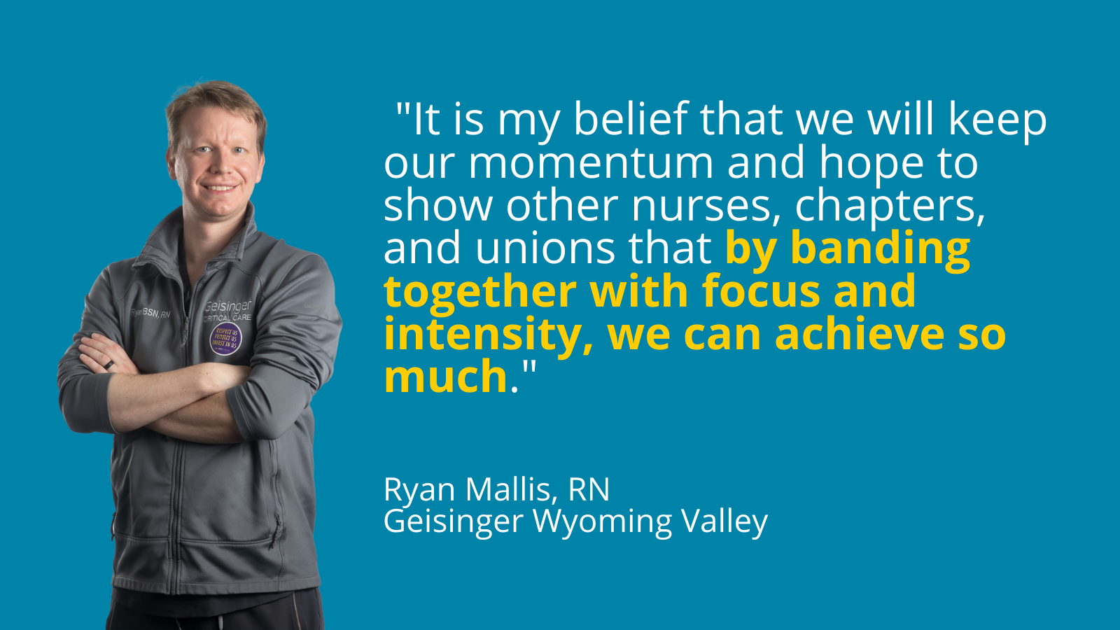 image: photo of ryan, a nurse in scrubs wearing a purple sticker crossing his arms in front of a blue background. text to the right says: 